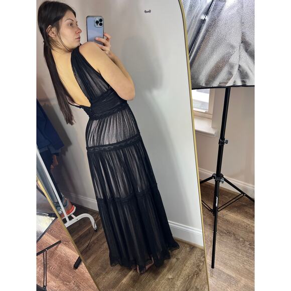 Vintage Tadashi Shoji Sleeveless Tiered Lace & Tulle Gown Whimsical Goth Black - Picture 4 of 10